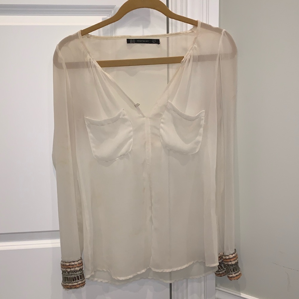 Cream Sheer Blouse w/ Detailed Cuff Sleeve Detail